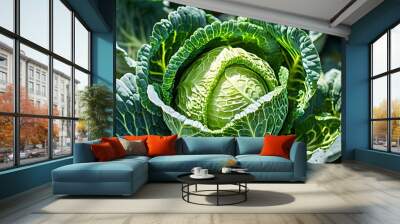 Vibrant Green Cabbage in a Lush Garden Setting Wall mural