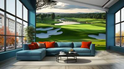 Vibrant green golf course view with distant flag from a low angle, showcasing the beauty of the game for golf enthusiasts Wall mural