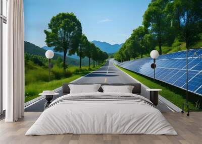 Vibrant landscape featuring solar panels along a road, emphasizing renewable energy and sustainability against a pristine blue sky Wall mural