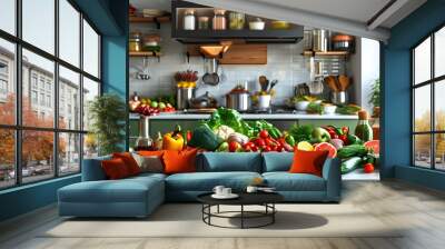 vibrant modern kitchen brimming with fresh ingredients, colorful fruits, and vegetables ready for culinary creativity Wall mural