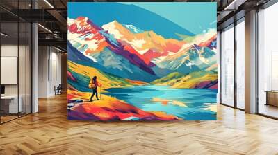 Vibrant mountain adventure of a woman hiking beside a shimmering lake Wall mural