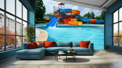 Vibrant outdoor swimming pool featuring blue water and colorful slides in a playful summer setting Wall mural