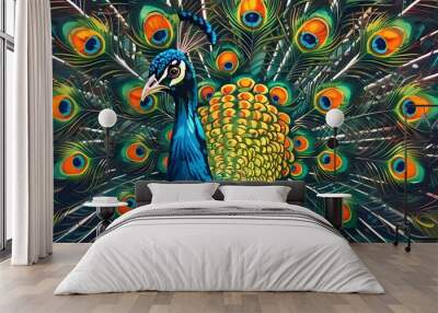 Vibrant peacock displaying intricate feather patterns in a stunning frontal pose Wall mural