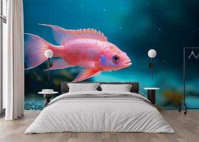 Vibrant pink tropical fish gliding through pristine blue waters, showcasing the beauty of marine life and the enchanting underwater world Wall mural