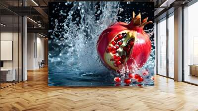 Vibrant pomegranate diving into deep water, poised to create a powerful splash, unleashing a cascade of juicy seeds in a mesmerizing display. Wall mural