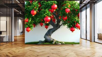 Vibrant pomegranate tree displaying glossy green leaves and bright red fruit in a striking 3D presentation against a white background Wall mural