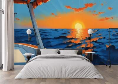 Vibrant pop art depicting a white center console boat against an orange sunrise and blue water backdrop Wall mural