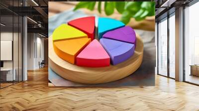 Vibrant rainbow-colored wooden pie chart segments for educational, business, and creative design applications Wall mural