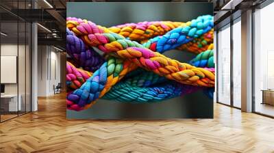 Vibrant Rainbow Rope with Intricate Patterns and Textures Showcasing Climbing Safety and Strong Connections Against a Colorful Abstract Textile Background Wall mural