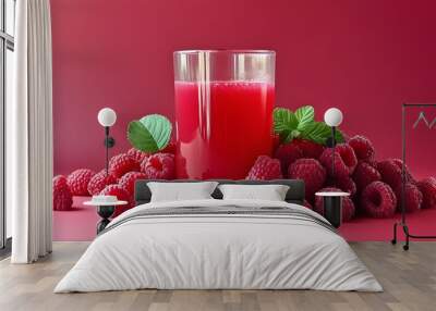 Vibrant raspberries and refreshing juice in light red hues, showcasing freshness and nutrition enhanced by innovative AI technology Wall mural