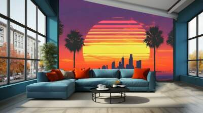 Vibrant retrofuturistic sunset over city skyline with palm trees, embodying synthwave and vaporwave aesthetics for summer vacation vibes Wall mural