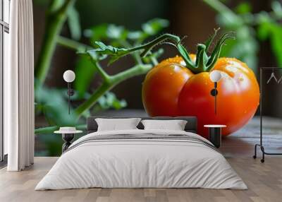 Vibrant ripe tomato adorned with a fresh green stem Wall mural