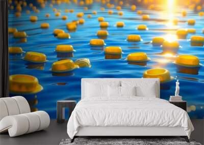 Vibrant rubber rings floating on a serene lake, bright yellow contrasting with deep blue water under the noon sun, capturing a whimsical animated scene in technicolor illustration Wall mural