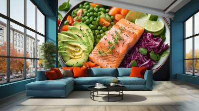 Vibrant salmon and colorful vegetables beautifully plated for a nutritious and flavorful dining experience Wall mural