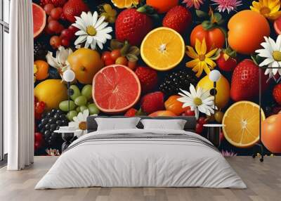 Vibrant seamless pattern of assorted fruits and blooming flowers in a warm, inviting color palette Wall mural