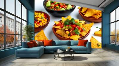 Vibrant Spread of Nachos and Tortillas Ready for a Mexican Snack Experience on a Clean White Background Wall mural