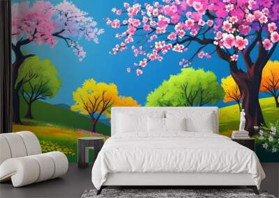 Vibrant spring scenery featuring blossoming trees in a lively vector illustration Wall mural