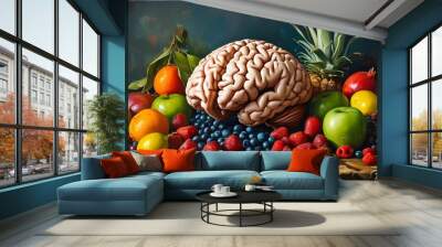 Vibrant still life of assorted fruits encircling a brain, showcasing a diet-themed composition in a photorealistic oil painting at eye level Wall mural