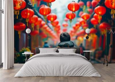 Vibrant street market exploration with traditional red lanterns, showcasing the spirit of adventure and cultural richness Wall mural