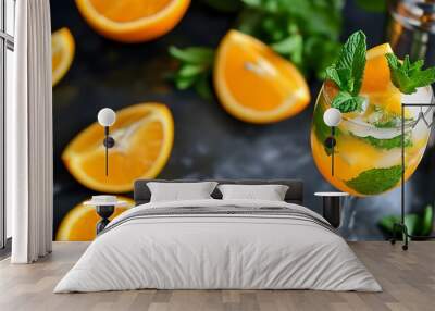 Vibrant summer cocktail garnished with fresh orange slice and aromatic mint leaves Wall mural