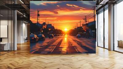 vibrant sunset illuminating a bustling street with silhouettes of buildings and pedestrians Wall mural