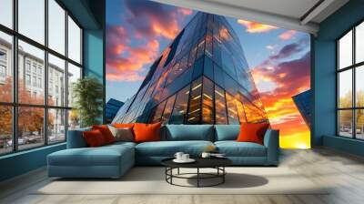 Vibrant sunset illuminating a modern corporate office building, embodying the spirit of business success, growth, and future development from a low perspective. Wall mural