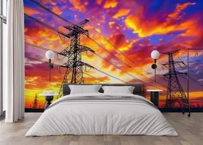 Vibrant sunset illuminating high voltage power line tower against a colorful sky, highlighting energy and power infrastructures beauty. Wall mural