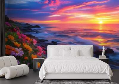 Vibrant sunset illuminating rocky coastline adorned with colorful flowers and gentle waves beneath a dramatic sky Wall mural