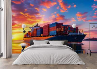 Vibrant sunset over a cargo ship adorned with colorful containers, mirrored by the serene ocean waters. Wall mural