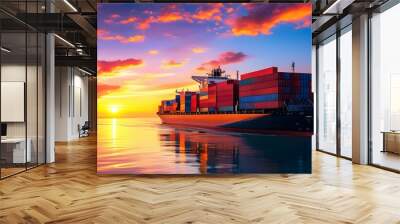 Vibrant sunset over a cargo ship adorned with colorful containers, mirrored by the serene ocean waters. Wall mural