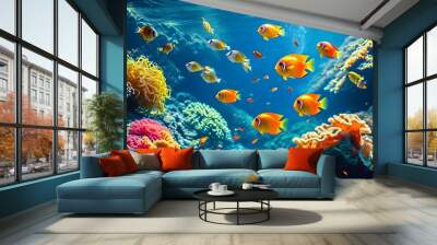 Vibrant tropical fish exploring colorful coral reefs in an aquarium, showcasing the beauty of marine life and underwater ecosystems Wall mural