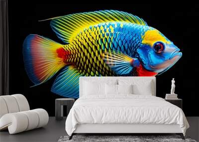 Vibrant tropical fish showcasing a brilliant palette of blue, yellow, and red scales against a striking black background Wall mural