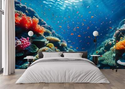 Vibrant underwater coral reef teeming with colorful corals and diverse fish, highlighting the splendor of marine life in a thriving ocean ecosystem. Wall mural