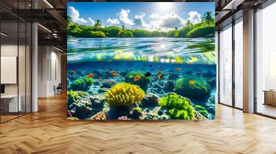 Vibrant underwater coral reef teeming with fish beneath a sunlit, lush green landscape above the water Wall mural