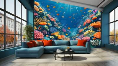 Vibrant underwater paradise showcasing colorful coral reefs and diverse marine life in a stunning illustration Wall mural