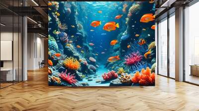 Vibrant underwater paradise showcasing diverse fish and coral, evoking wonder and awe at the oceans stunning beauty Wall mural