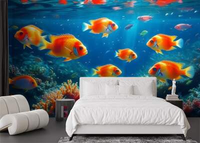 Vibrant underwater paradise with colorful tropical fish swimming among corals, highlighting rich marine biodiversity and captivating aquatic beauty. Wall mural