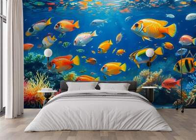 Vibrant underwater paradise with colorful tropical fish swimming among corals, highlighting rich marine biodiversity and captivating aquatic beauty. Wall mural