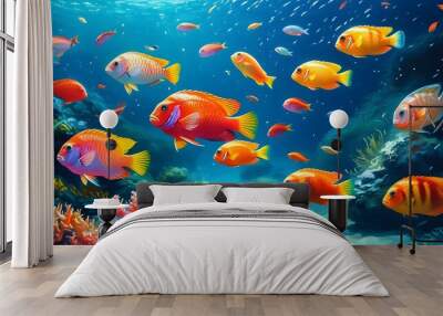 Vibrant underwater paradise with colorful tropical fish swimming among corals, highlighting rich marine biodiversity and captivating aquatic beauty. Wall mural