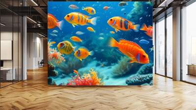 Vibrant underwater paradise with colorful tropical fish swimming among corals, highlighting rich marine biodiversity and captivating aquatic beauty. Wall mural