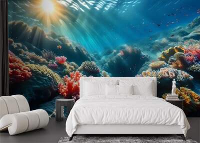 Vibrant underwater spectacle of colorful coral reefs and diverse marine life illuminated by sunlight in crystal clear waters Wall mural