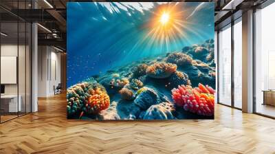 Vibrant underwater spectacle of colorful coral reefs and diverse marine life illuminated by sunlight in crystal clear waters Wall mural