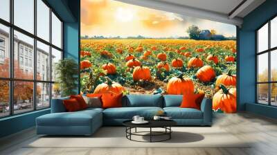 Vibrant watercolor depiction of a pumpkin field under a clear sky, showcasing an abundance of orange pumpkins and lush green vines, celebrating autumns harvest season. Wall mural