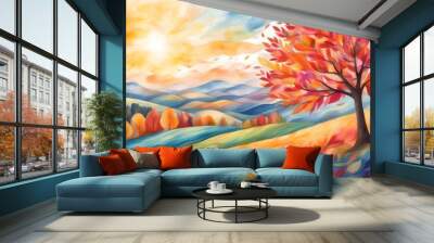 Vibrant watercolor depiction of autumn leaves and tranquil scenery Wall mural