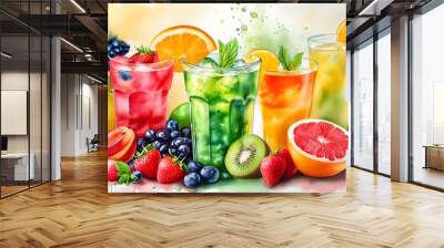 Vibrant watercolor depiction of refreshing fruit drink bursting with colors and flavors Wall mural