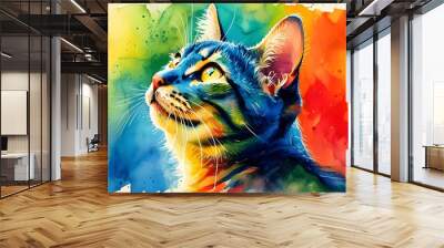 Vibrant watercolor portrait of a cat gazing back, adorned in a kaleidoscope of blue, green, yellow, orange, and red hues. Wall mural