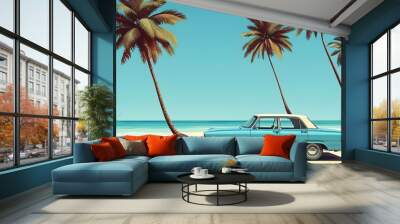 Vintage car on sandy beach beneath palm trees with clear blue sky and tranquil ocean, embodying summer vacation vibes. Wall mural