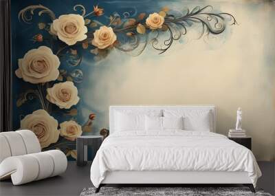 Vintage dark blue border frame with elegant rose accents and delicate swirls on creamy beige backdrop Wall mural