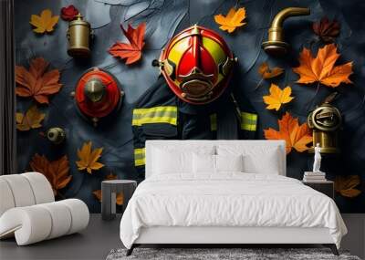 Vintage firefighting tribute with helmets and equipment surrounded by autumn leaves on a dark textured background for International Firefighters Day Wall mural