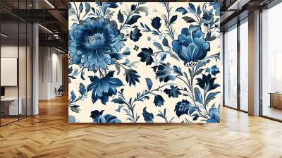 Vintage-inspired seamless indigo floral pattern on white with Moroccan and Turkish design elements for elegant wallpaper decor Wall mural